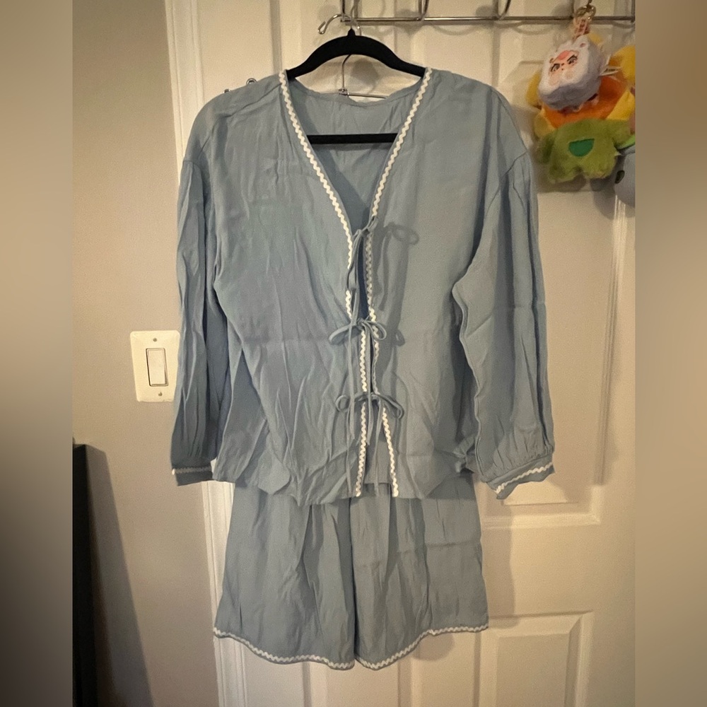 Light Blue Women's Two-Piece Set with Tie Front